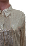 Women Solid Sequin Loose Shirt Dress
