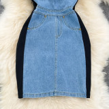 Women Round Neck Short Sleeve Denim Bodycon Dress