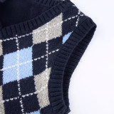 Women Solid Plaid Sleeveless V-Neck Sweater