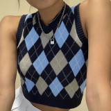 Women Solid Plaid Sleeveless V-Neck Sweater
