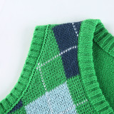 Women Solid Plaid Sleeveless V-Neck Sweater