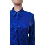 Women Solid Sequin Loose Shirt Dress