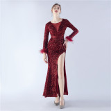Women Sequined Ostrich Feather Long Sleeve Evening Gown
