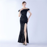 Women Sequined Ostrich Feather Off Shoulder Evening Gown