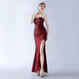 Women Sequins Strapless Evening Gown