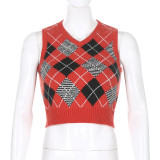 Women Solid Plaid Sleeveless V-Neck Sweater