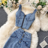 Women Feminine Crop Top and Denim Skirt Two-piece Set