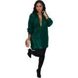Women Solid Sequin Loose Shirt Dress