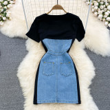 Women Round Neck Short Sleeve Denim Bodycon Dress