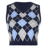 Women Solid Plaid Sleeveless V-Neck Sweater