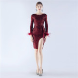 Women Ostrich Feather Long Sleeve Sequin Evening Dress