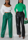 Women Casual pu-Leather Pocket Loose Wide Leg Pants