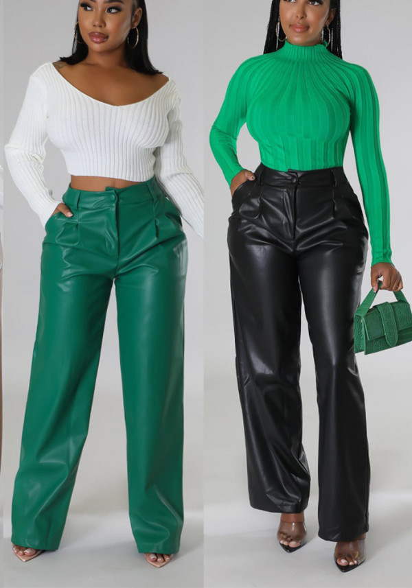 Women Casual pu-Leather Pocket Loose Wide Leg Pants