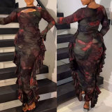 Women Irregular Print Ruffle Edge Stretch Hollow Long Sleeve Bodycon Dress