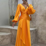 Women Summer Crossover Pleated Long Sleeve Dress