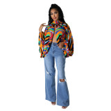 Women Buttoned Printed Bat Sleeves Shirt