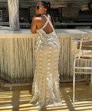 Women Sexy Flowers Halter Neck Cascading Ruffles Dress