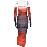 Women Mesh Gradient Off Shoulder Strapless Backless Dress