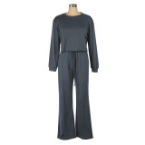 Women Solid Long Sleeve Top and Pant Casual Two-piece Set