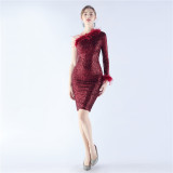 Women Ostrich Feather Slash Shoulder Long Sleeve Evening Dress
