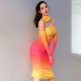 Women Mesh Gradient Off Shoulder Strapless Backless Dress