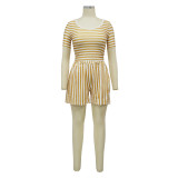 Women Round Neck striped print Top and Shorts two-piece set
