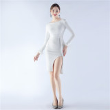 Women Ostrich Feather Long Sleeve Sequin Evening Dress