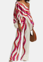 Women Casual Loose Off Shoulder Top and Printed Wide Leg Pants Two-piece Set
