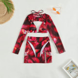 Women Tie Dye Cover Up Beach Skirt Swimsuit Three-Piece Bikini