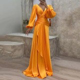 Women Summer Crossover Pleated Long Sleeve Dress