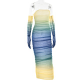 Women Mesh Gradient Off Shoulder Strapless Backless Dress