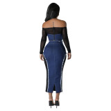 Women mesh Denim Patchwork See-Through Strapless Top and Skirt two-piece set