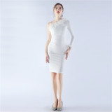 Women Ostrich Feather Slash Shoulder Long Sleeve Evening Dress