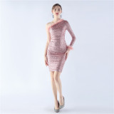 Women Ostrich Feather Slash Shoulder Long Sleeve Evening Dress