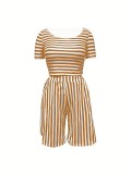 Women Round Neck striped print Top and Shorts two-piece set