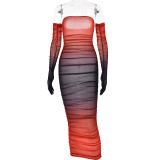 Women Mesh Gradient Off Shoulder Strapless Backless Dress