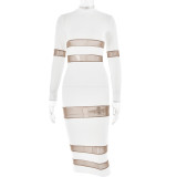 Women Round Neck Patchwork See-Through Long Sleeve Dress