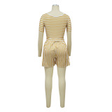 Women Round Neck striped print Top and Shorts two-piece set