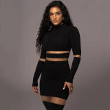 Women Round Neck Patchwork See-Through Long Sleeve Dress
