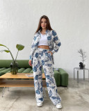 Autumn Fashion Floral Print Plus Size Loose Top High Waisted Wide Leg Pants Women Casual Suit