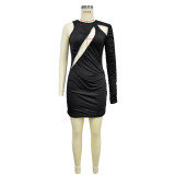 Fashionable Women's Solid Color One Shoulder Round Neck Sexy Dress