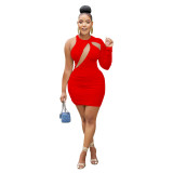 Fashionable Women's Solid Color One Shoulder Round Neck Sexy Dress