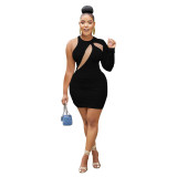 Fashionable Women's Solid Color One Shoulder Round Neck Sexy Dress