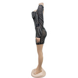 Fashion Women's Solid Color Mesh Beaded Long Sleeve Short Club Dress
