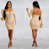 Fashion Women's Solid Color Mesh Beaded Long Sleeve Short Club Dress