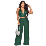 Sexy Sequined Halter Neck Tank Top Chiffon High-Waisted Straight Pants Two-Piece Set
