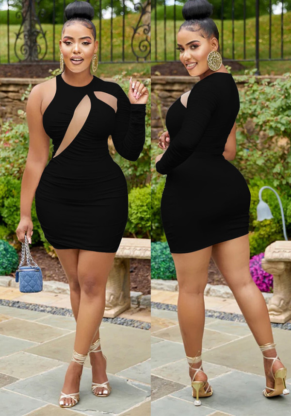 Fashionable Women's Solid Color One Shoulder Round Neck Sexy Dress