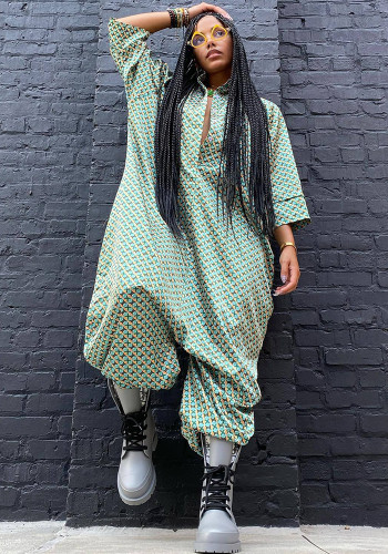 Fashionable Digital Printed Three-Quarter Sleeve  Loose Jumpsuit