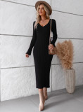 Women's Autumn And Winter Chic Elegant Solid Color V-Neck Long Sleeve Sweater