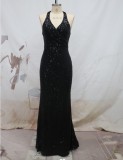 Women sequined sleeveless Halter Neck V-neck Formal Party evening dress